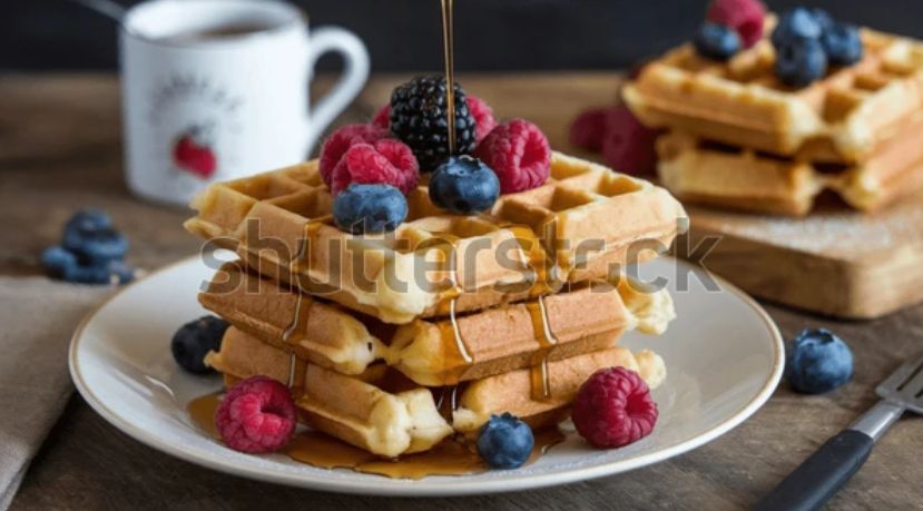 A bunch of stacked waffles with syrup and berries