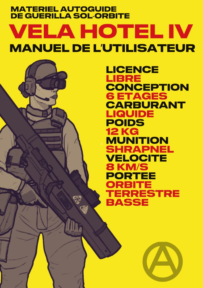 Fausse couverture intitulée : "Matériel autoguidé de guérilla sol-orbite Vela Hotel IV, manuel de l'utilisateur" avec la mention "licence libre, conception six étages, carburant liquide, poids 12 kg, munition shrapnel, velocité 8 km/s, portée orbite terrestre basse" et une illustration d'un personnage en train de tenir un lance-missile antiaérien. 