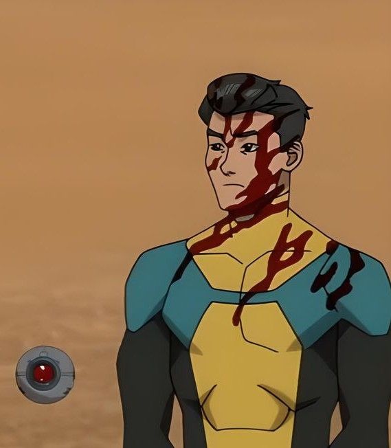 Imagem de Mark de "invencível" sério, com o rosto e parte do seu uniforme sujo de sangue.