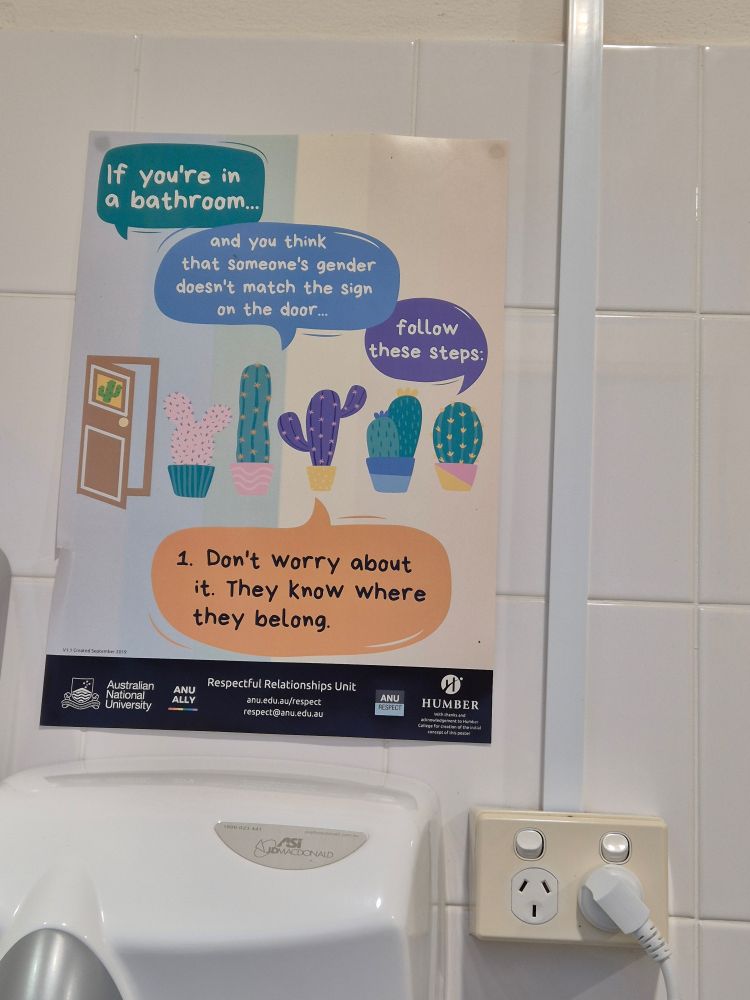 If you're in a bathroom, and you think that someone's gender doesn't match the sign on the door, follow these steps
1.Don't worry about it. They knew where they belong.
