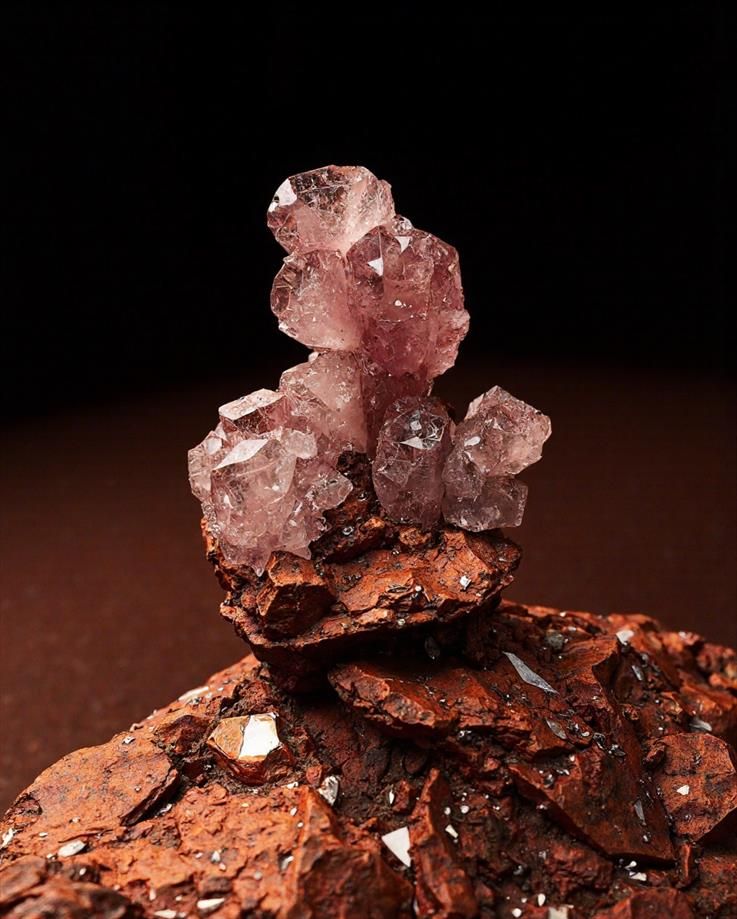 A cluster of radiant pink crystals emerges from a rugged red rock, their shimmering facets resembling a delicate bloom against the rich earthy tones.