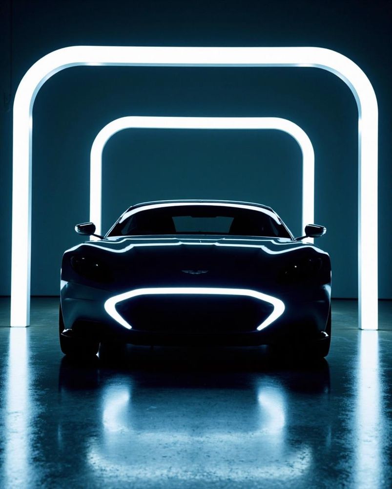 A sleek, modern car silhouetted against glowing white neon arches in a dimly lit room, reflecting light off its smooth surface for a futuristic aesthetic.