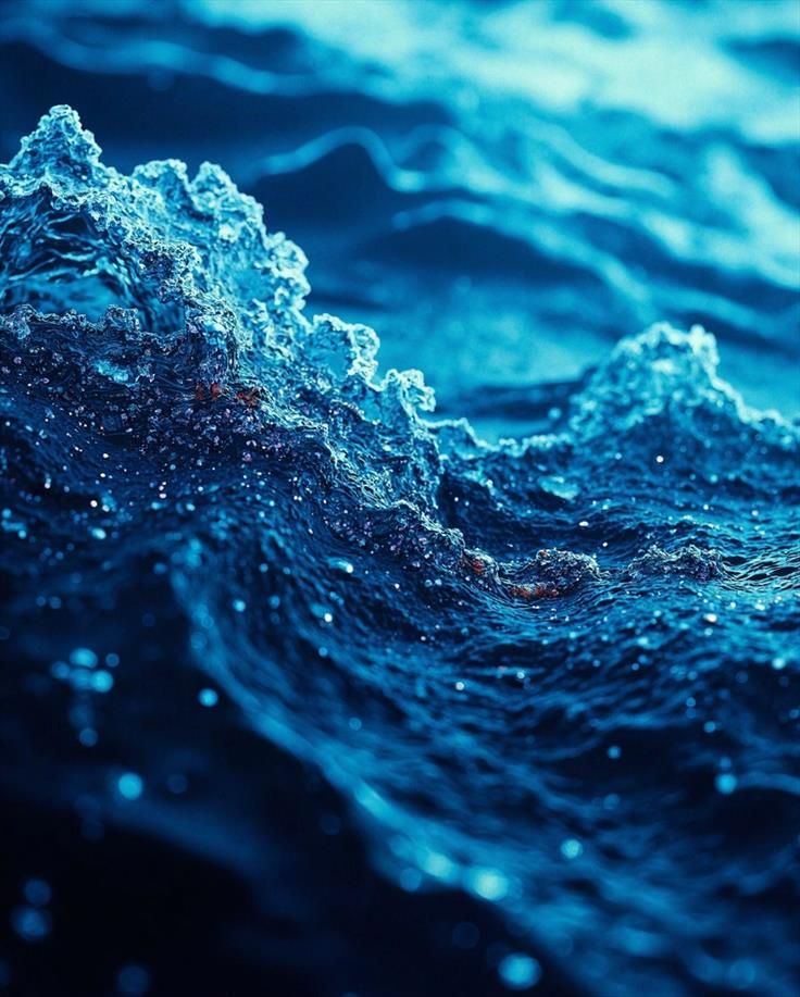 A close-up of deep blue ocean waves with swirling, reflective textures that mimic the intensity of a dynamic storm. Misty highlights and glossy surfaces create depth and movement, evoking the dramatic and mysterious energy of an untamed sea.