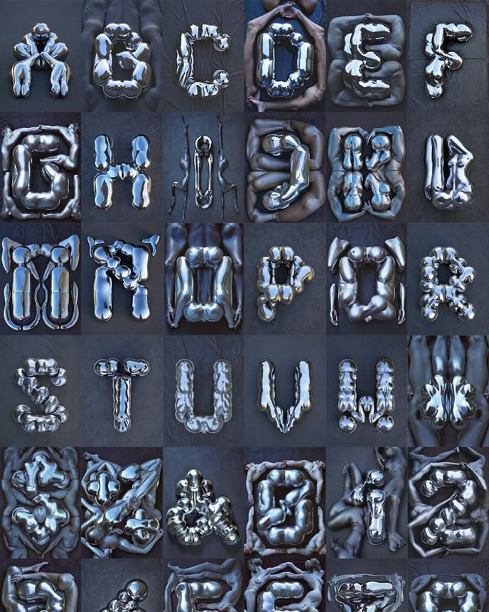 A full set of reflective, humanoid-inspired characters forming the alphabet, arranged in a grid. Each letter is sculpted from fluid, metallic figures.