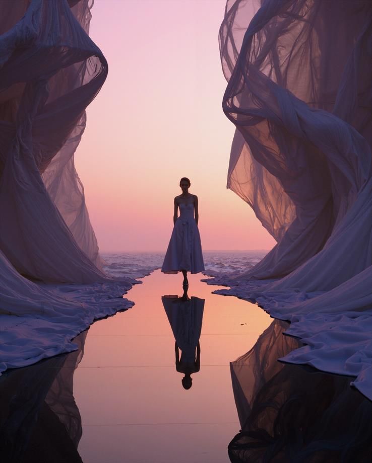 A model walks gracefully on a mirrored platform surrounded by flowing fabric, framed by soft light and a gradient sky. The serene scene reflects calm and endless beauty.