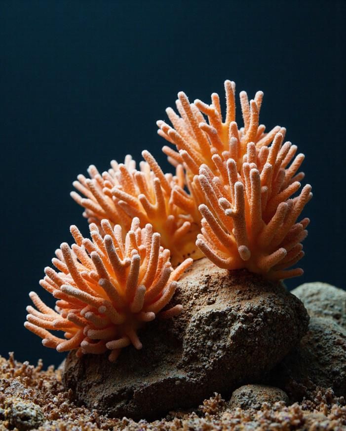 A coral-like structure in warm orange hues resting on a rocky surface, symbolizing the intricate beauty of nature and society. The festive atmosphere reflects the spirit of Christmas Day and the warmth of the season.