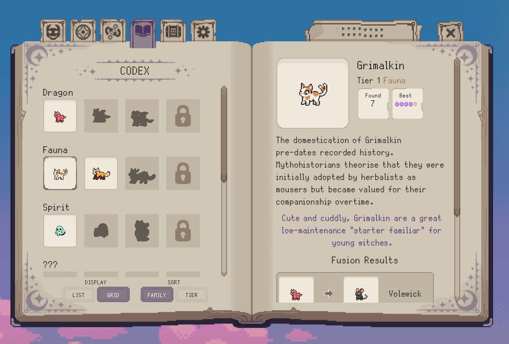 A screenshot of the codex from the idle game Familiar Findings. The left page shows the player the Familiars that they've unlocked. You can see spirits, faunae and dragons. The right page shows the entry for Grimalkin, a starter Familiar in the game. The player can see how many they've found, the highest rarity they've gotten, fusion combinations that they've tried and flavour text. The scholarly text reads: "The domestication of Grimalkin pre-dates recorded history. Mythohistorians theorise that they were initially adopted by herbalists as mousers but became valued for their companionship overtime." Avia's notes read: "Cute and cuddly, Grimalkin are a great low-maintenance "starter familiar" for young witches."