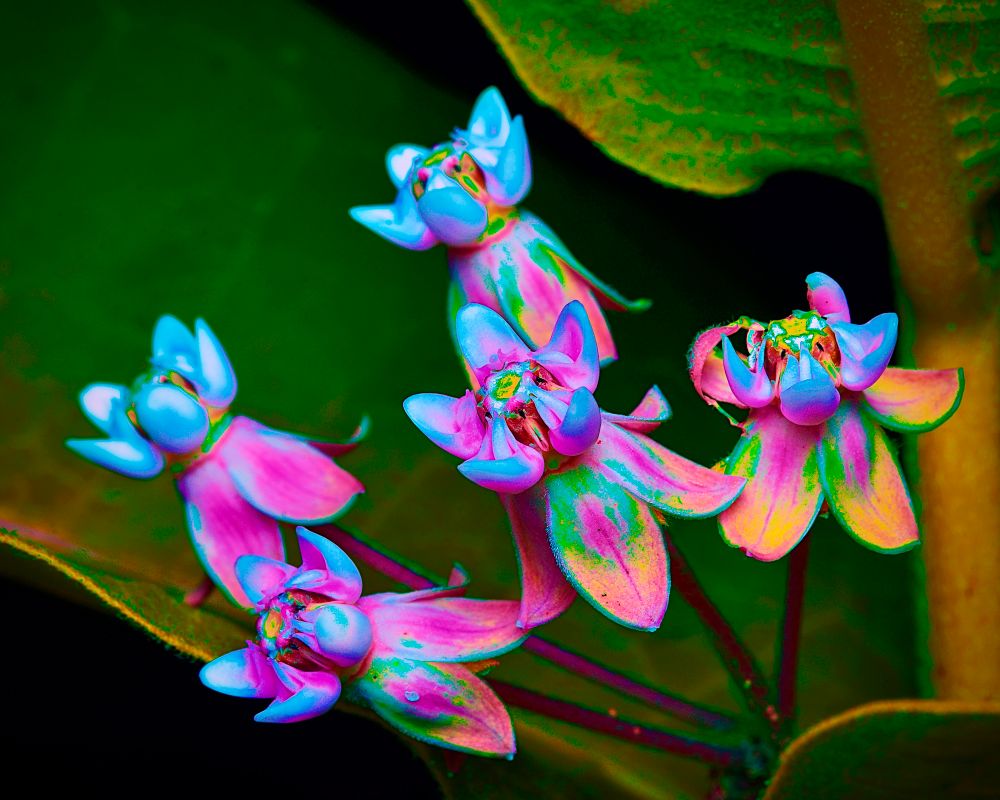 A tight macro photograph of a milkweed flower cluster rendered in highly saturated, psychedelic tones. The five-petaled flowers display a surreal spectrum of neon colors — electric magentas, saturated cyans, luminous yellows, and acid greens. Each blossom has a thick, glossy appearance, with bright blue hood-like structures encasing pale orbs at the center of the flowers, resembling alien eyes or jewel-like eggs. The petals are curved and slightly waxy, some flecked or veined with green, giving the illusion of digital distortion or thermal imaging. The background is a deep, velvety green with oversized milkweed leaves providing a natural yet otherworldly context. The overall effect is hyperreal and hypnotic — blurring the line between organic structure and visionary hallucination. The image evokes a sense of radical beauty, alien elegance, and nature reimagined through a lens of resistance and consciousness-expansion.