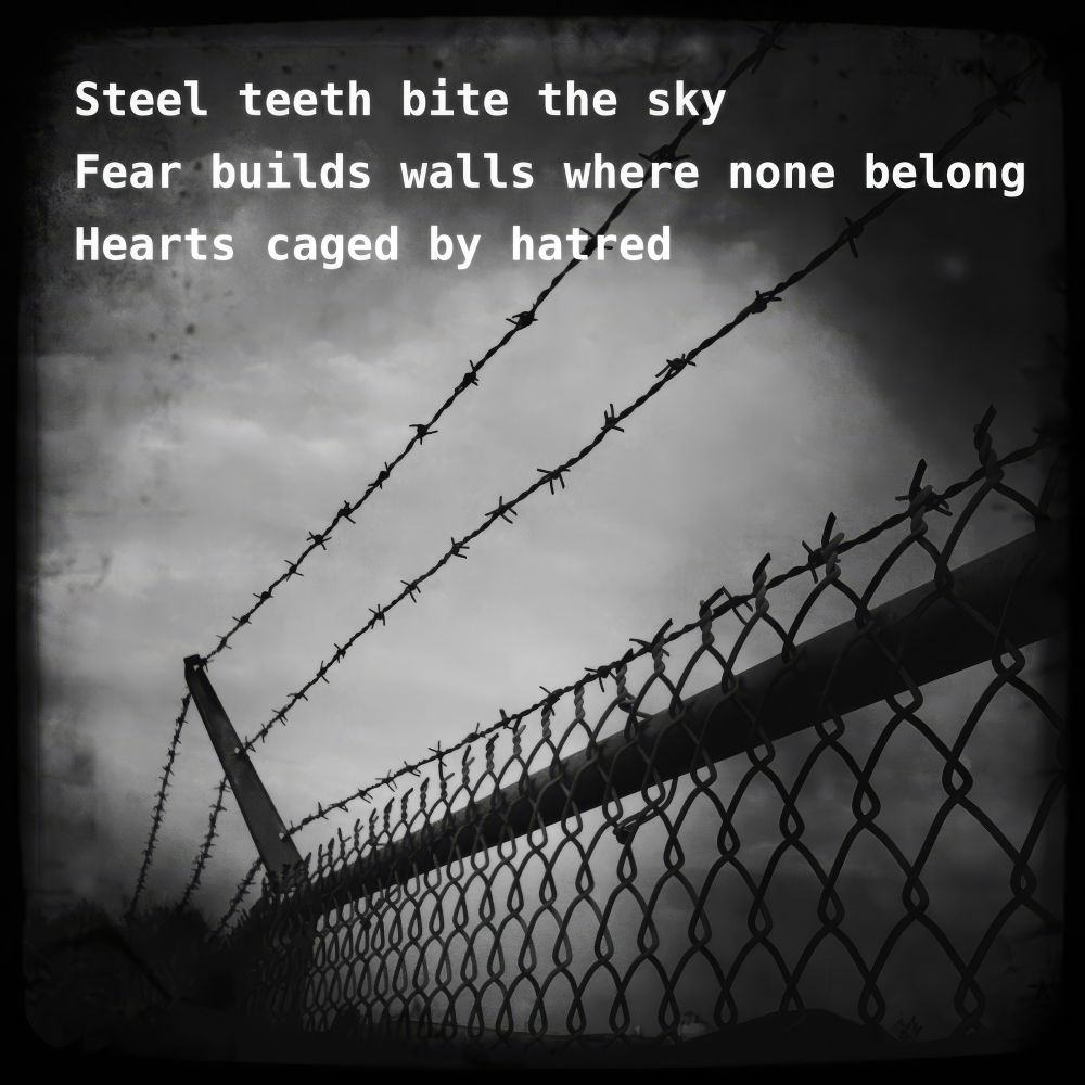 The photograph is a stark black and white image of a chain-link fence topped with barbed wire, reaching diagonally across the frame under a turbulent, cloud-filled sky. The perspective tilts upward, making the fence and razor-like barbed wire loom menacingly, as if biting into the horizon. The wire twists and knots form jagged silhouettes against the pale backdrop of the sky, evoking a sense of imprisonment and hostility. The weathered steel pole that supports the fence leans slightly, suggesting both endurance and strain. Overlaying the image in bold, white typewriter-style font is a three-line poem: “Steel teeth bite the sky / Fear builds walls where none belong / Hearts caged by hatred.” The gritty textures, darkened edges, and high contrast between the bleak sky and the black wire create an atmosphere of oppression and resistance, making the visual and written elements merge into a visceral commentary on authoritarianism, fear, and the ways hatred builds barriers both physical and emotional. The photo feels both documentary and symbolic, heavy with foreboding, yet alive with the possibility of defiance.
