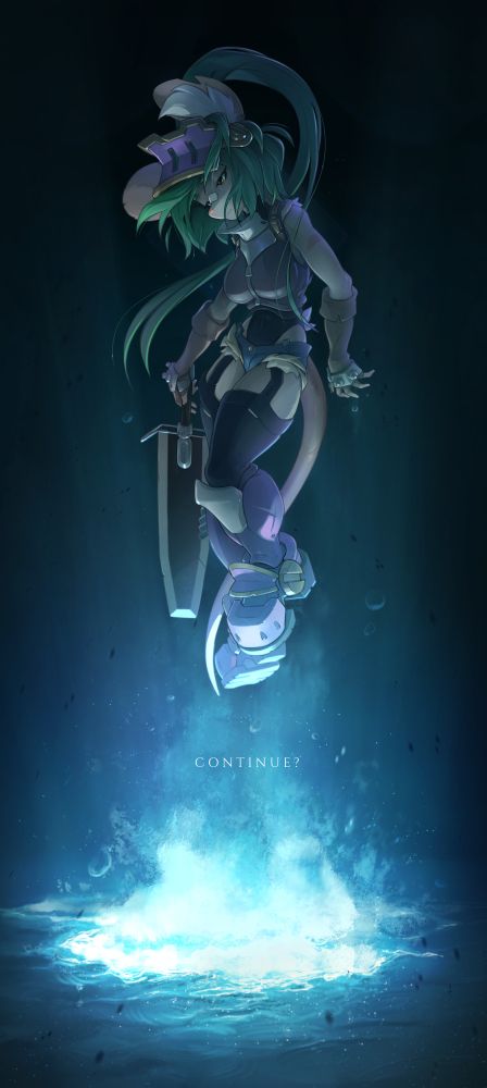 A knight beneath the water.  It is unclear whether they sinking or floating to the surface.