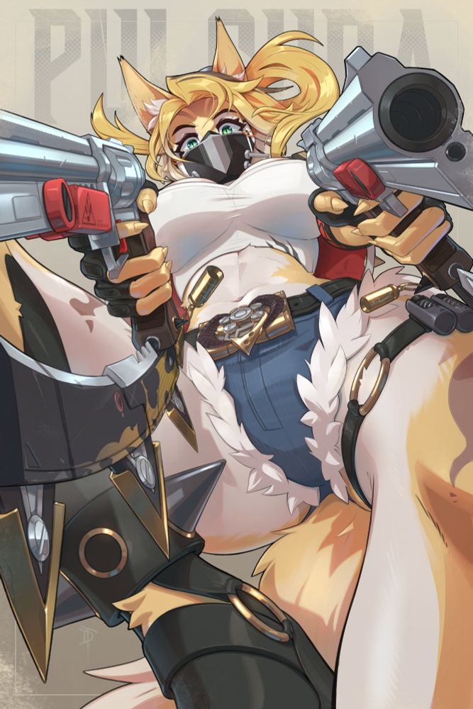 A depiction of a feline woman from a dynamic perspective wielding two unusual revolvers aimed toward the viewer.
