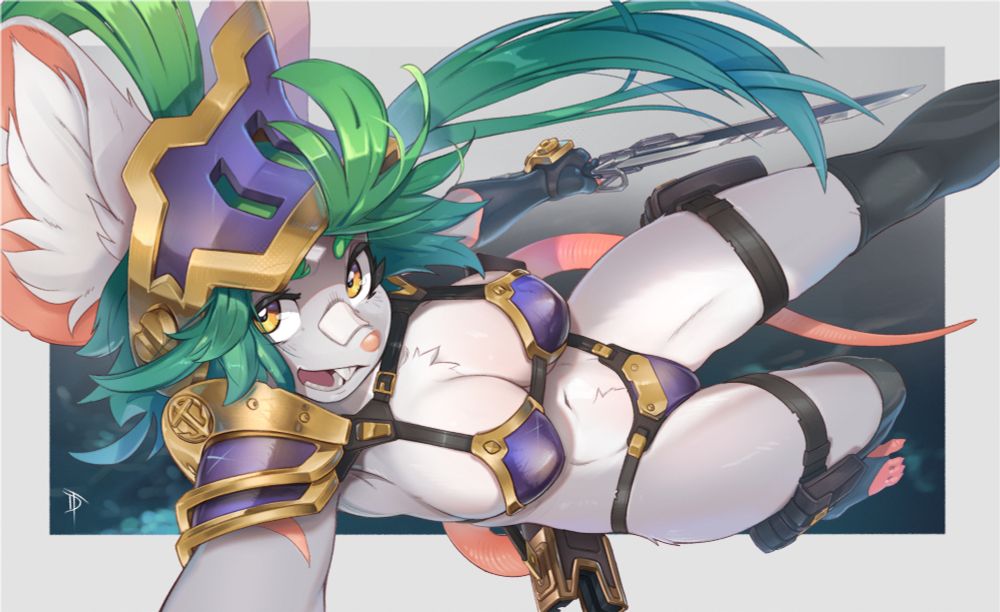 Painting of a female mouse warrior wearing a gold and violet armored bikini, she smiles toward the viewer