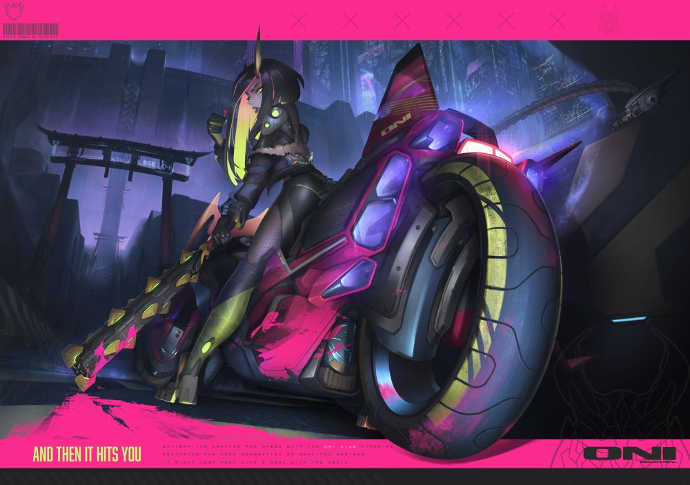 An oni woman stands on a futuristic motorcycle in a cyberpunk city.  She wields a kanabō now adorned with the vibrant colors of it's previous victim.  The text on the bottom reads:

"And then it hits you:  Satisfy the craving for speed with the ONI Kiju Hyperbike featuring the next generation of graviton engines.  It might just feel like a deal with the devil"