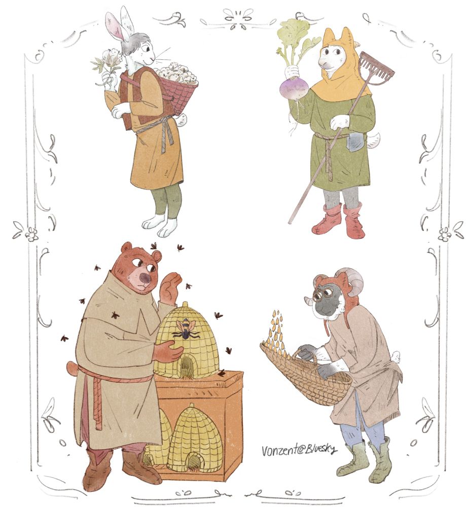 Various medieval critters doing farm activities 