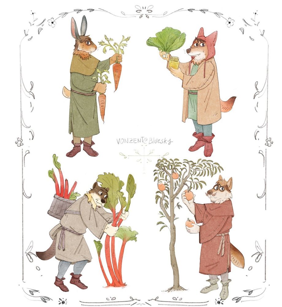 Various anthropormorphic critters doing what looks like serfdom medieval farm gathering.