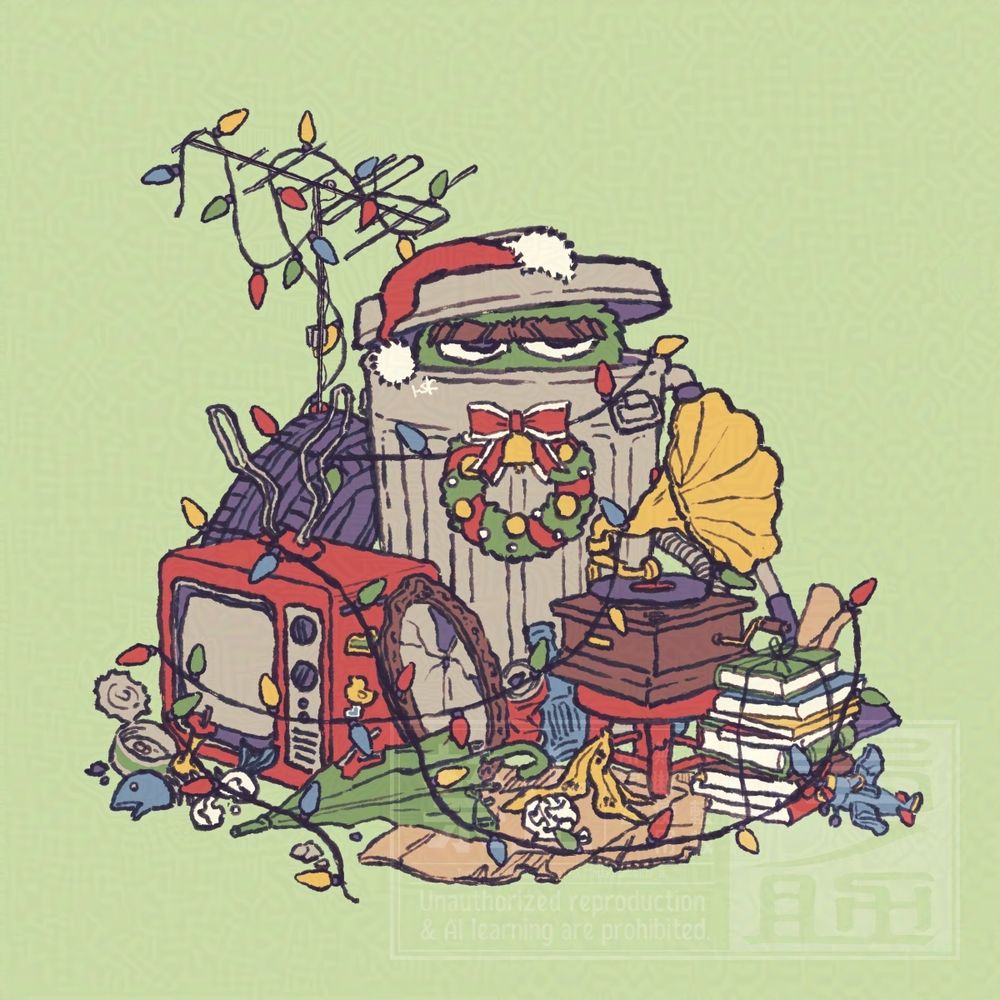 ゴミ缶にクリスマスの飾り付けをされたオスカーが不貞腐れている