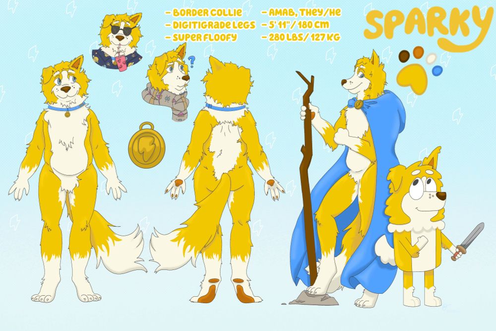 A character reference sheet featuring Sparky, a yellow and white anthropomorphic border collie with a blue dog collar. The reference sheet features front and back views, a couple of head shots, one where he is wearing a scarf and looks confused, and another where he is wearing a button-up shirt and sunglasses. There is also an epic-looking fantasy pose wearing a cloak and brandishing a wizard staff with his 