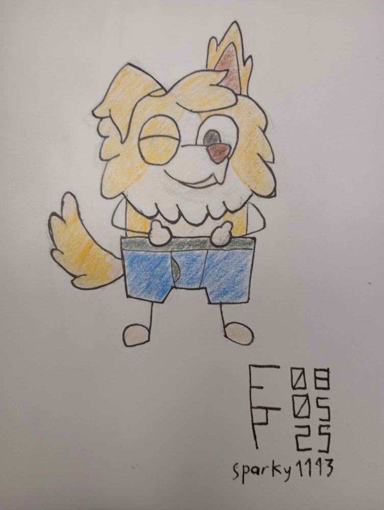A picture of Sparky, a yellow and white anthropomorphic border collie, wearing a pair of blue boxer briefs.