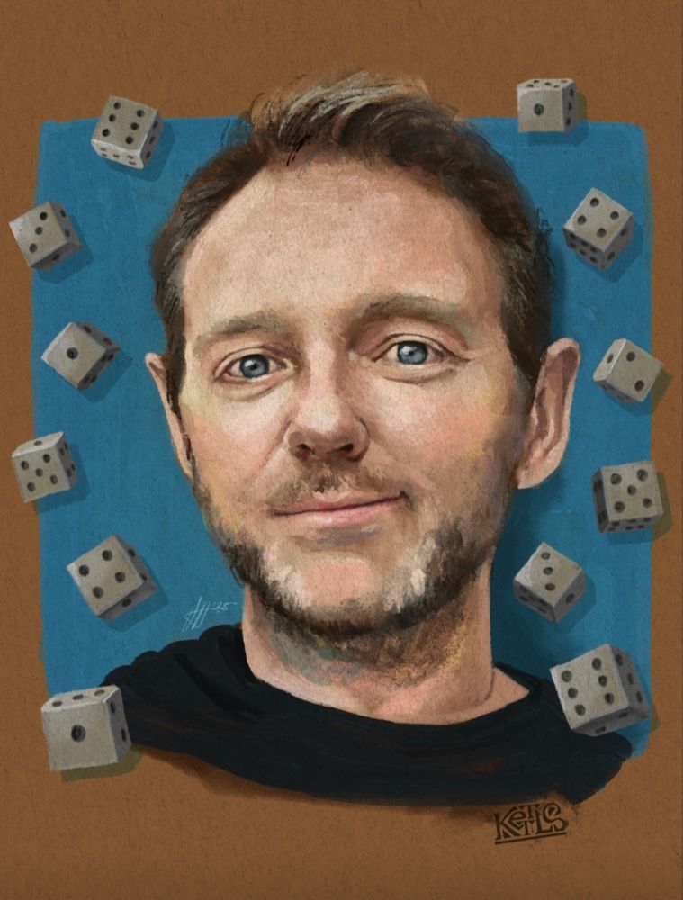 A digital oil portrait of actor Tom McKay on a painted blue background on brown paper, surrounded by 12 grey dice, used in the medieval dice game Farkle that appears in the video game Kingdom Come Deliverance.