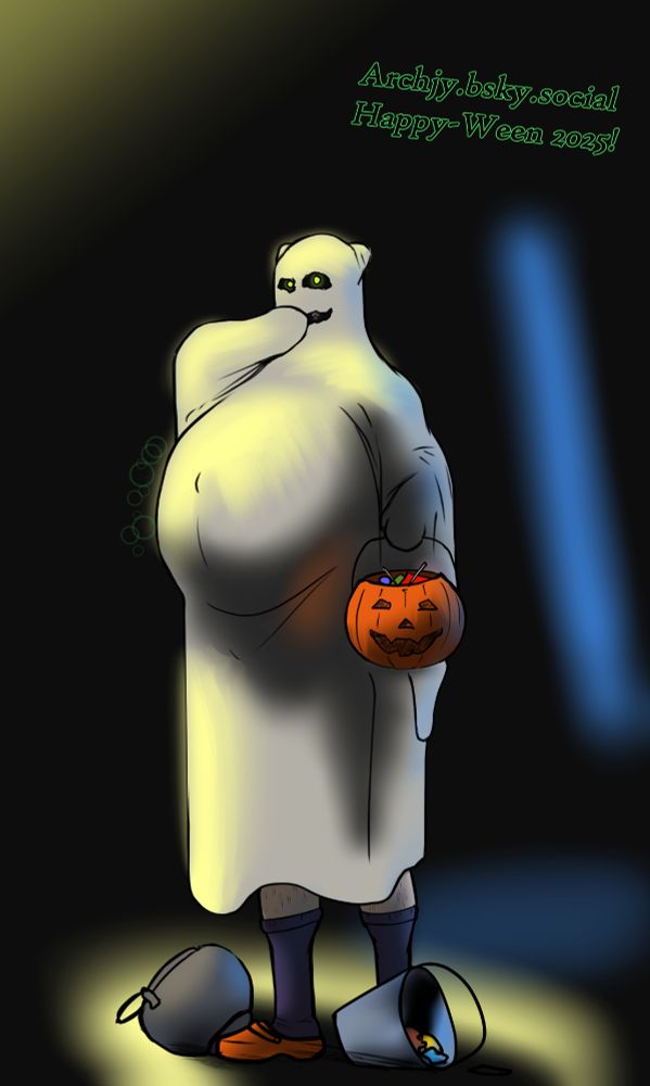 A Halloween enjoyer dressed as a ghost, who has taken to the treat side of things quite extensively. 