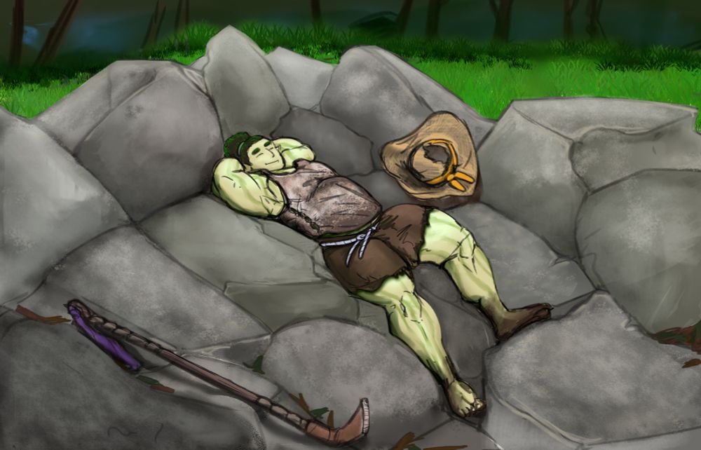 A heavyset green guy sunbathing on some rocks amidst a forest clearing.