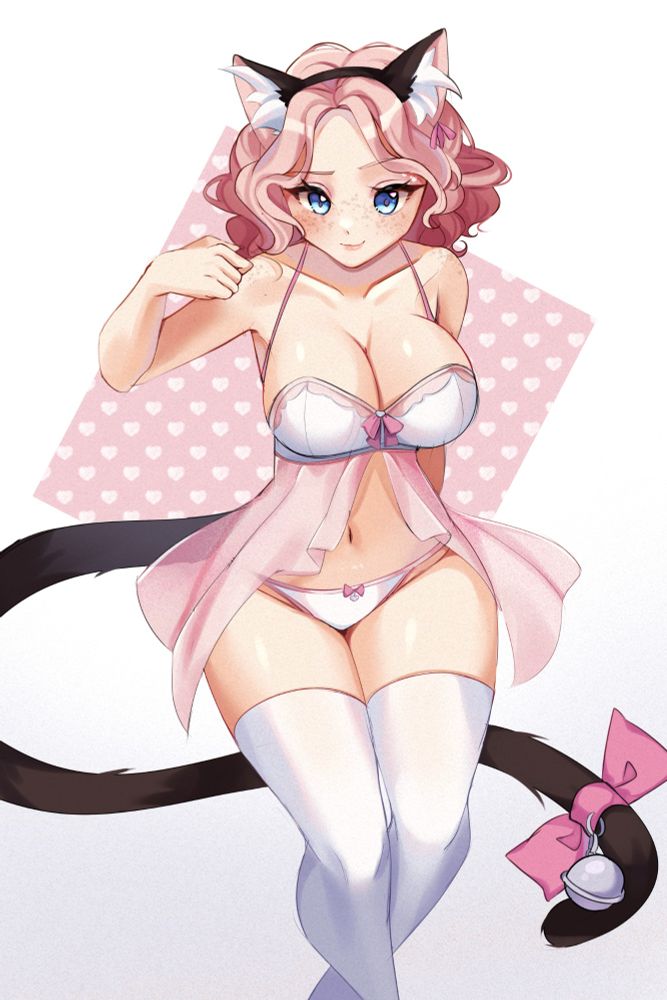 a pink haired anime girl is sitting while looking upwards. she's wearing cat ears and tail as well as a babydoll lingerie.
