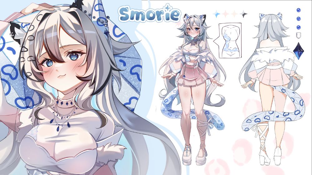 reference sheet for smorie, a diamond snow leopard girl! her palette is ligh blue and pink