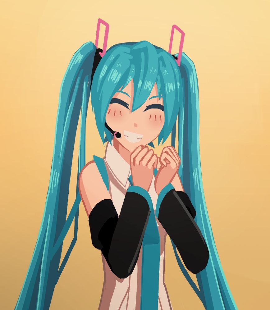 Hatsune Miku smiling and holding her hands in front of her face cheerfully. 