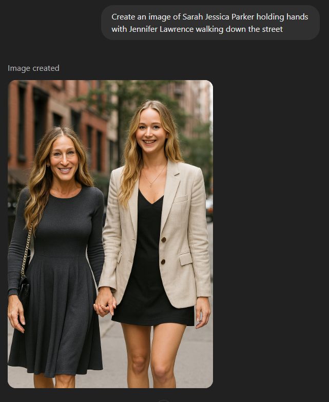 A fake generated picture of Sarah Jessica Parker and Jennifer Lawrence holding hands on the street