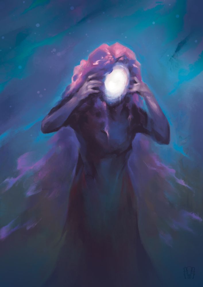 digital illustration of a human figure with blueish color theme
the pink haired figure face is blank as if a supernova was forming in place