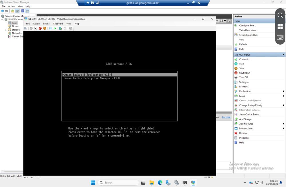 Screenshot of a virtual machine console showing the GRUB boot menu for Veeam Backup & Replication version 13.0.