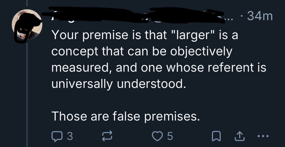 A skeet saying, “Your premise is that "larger" is a concept that can be objectively measured, and one whose referent is universally understood.
Those are false premises.”

It has three replies and five likes. 