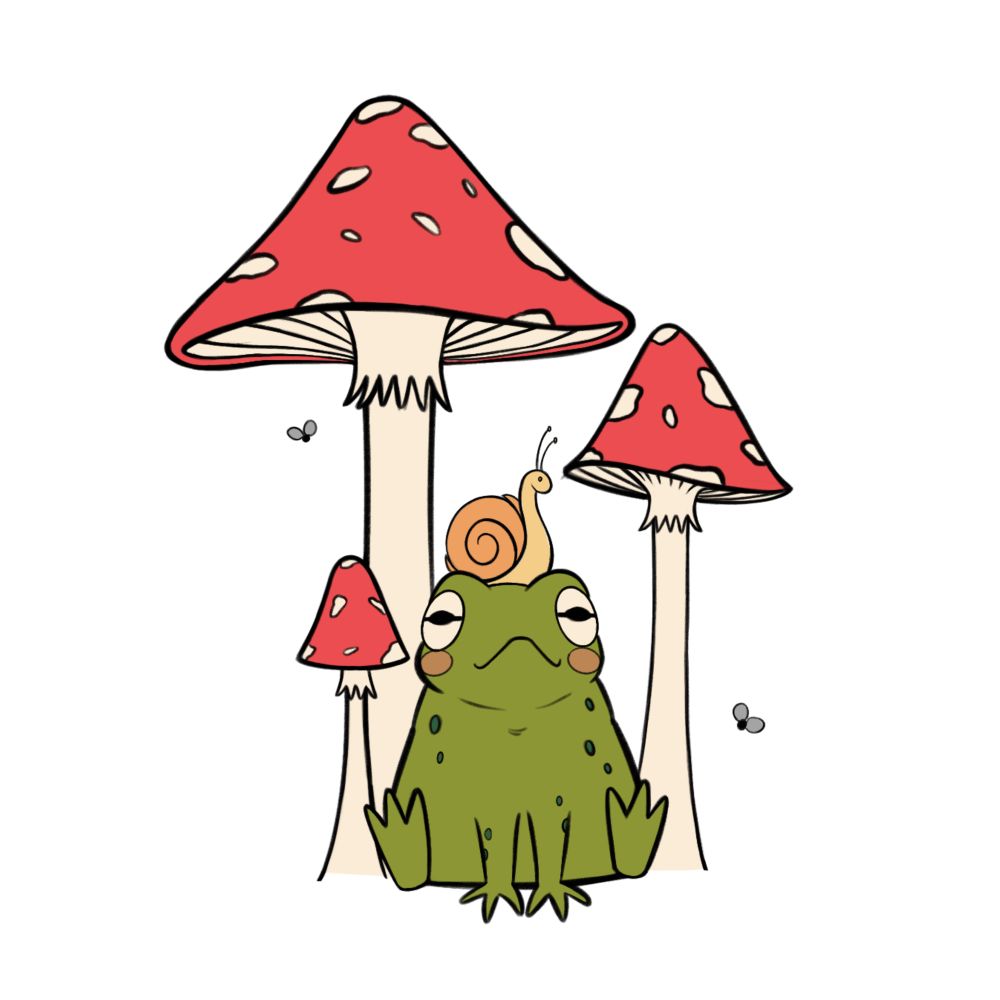 An illustration of a cute cartoon green frog sitting facing forward while staring forward with a slight smile. A snail sits on top of the frog’s head and three different sized mushrooms sit behind both of them in the background along with two flies flying near them one on each side. 