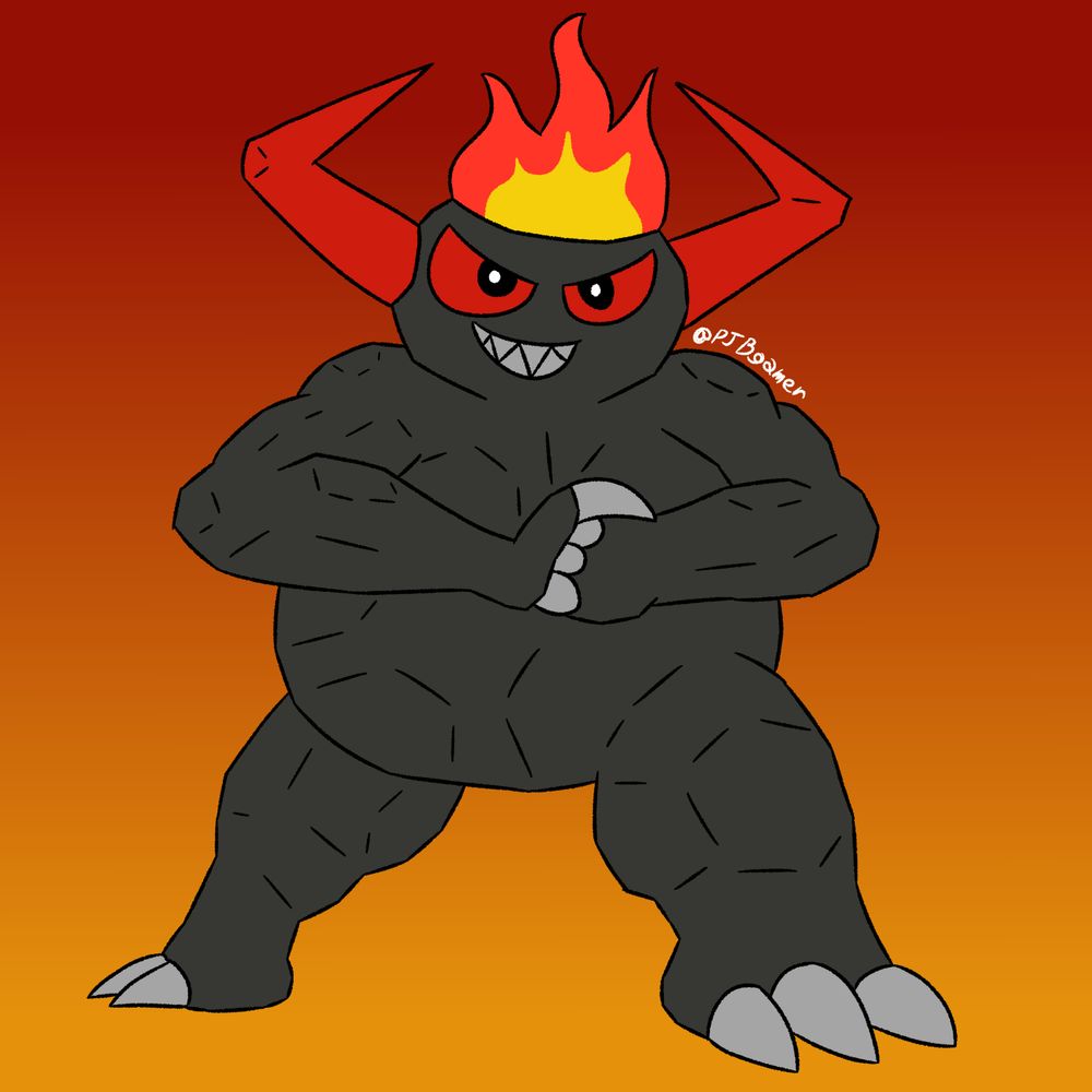 Hand drawn artwork depicting Blazer, a stone Fire Demon. He's standing confidently while holding his fist in his hand, fire coming out of his head with a game face on.