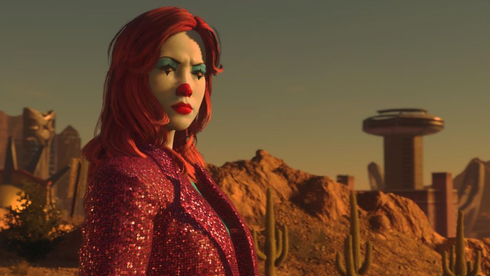 Clown girl looking sternly towards her side