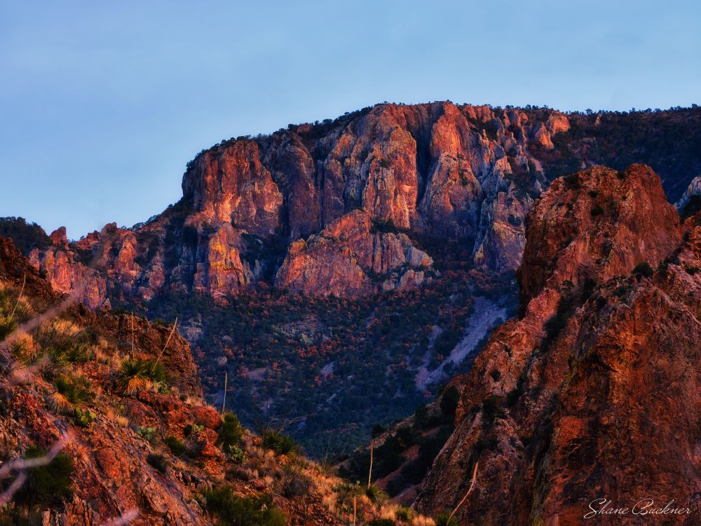 The rocky faces of the Chisos Mountains lit by a vibrant sunset.