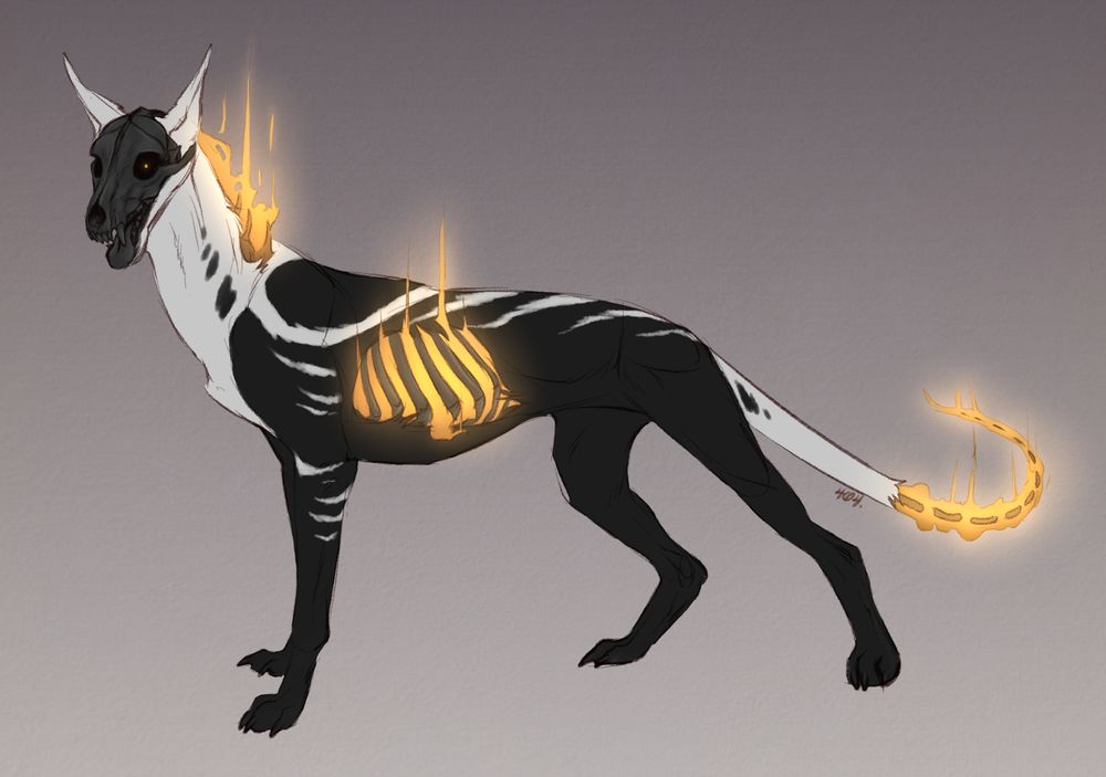Pharaoh hound like canine with black and white fur, black boned skull without fur or flesh showing, half the tail also shows bones floating surrounded by flames, neck open with bones and fire showing. Same with a torn side showing ribs and flames spewing from the ripped open fur and flesh.