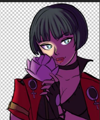 black hair in a bob cut, a fair complexion, red lips and a mole on her left cheek. While she is normally depicted as having green eyes in artwork, her irises are multicolored.