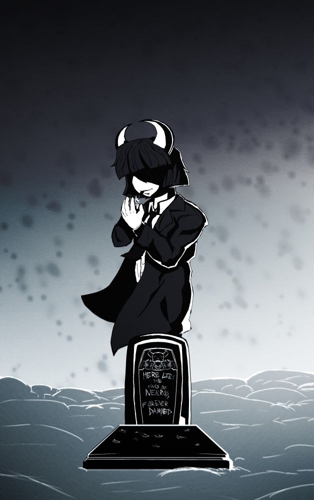 A mysterious dark troll in a suit lights up a cigarette, in front of a tombstone that reads "HERE LIES THE SOULS OF NEBROS. FOREVER DAMNED"