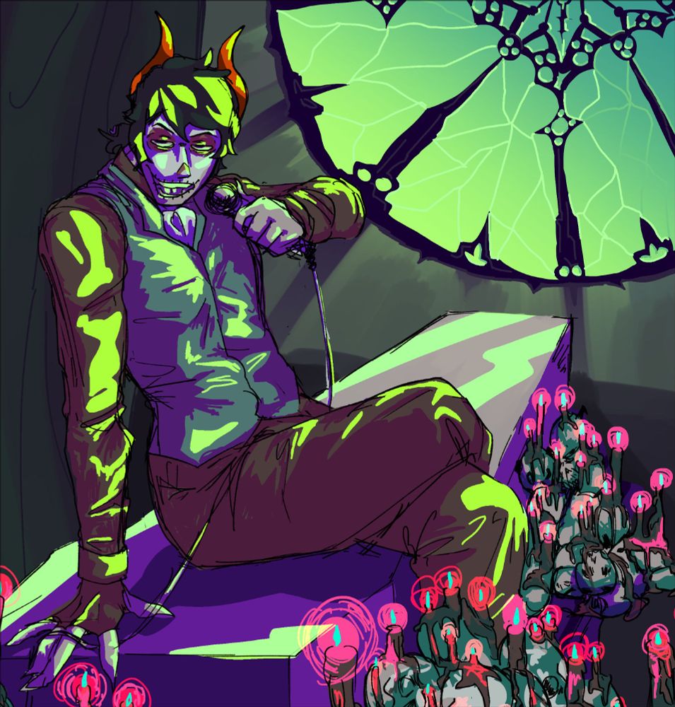 A purpleblooded troll sits, one leg over the other, on a coffin, staring at the viewer from the side. The floor is lined with skulls and dimly lit candles, while an ominous green glow seeps in through a large, ornate glass window.