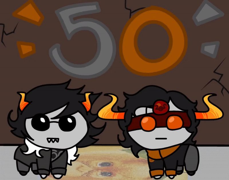 The two characters introduced in Ad Astra so far, Febrez and Liaaam depicted as the "YIppie"/"Autism" creature, with a big 50 above them in their respective colors. Confetti is also raining down, yippie!