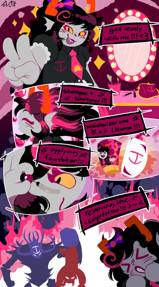 "Get ready with me" style comic featuring a Fuchsiablood. The first panel shows her doing a peace sign in front of a decorated mirror, saying "get ready with me!!! <3". The next panel shows long flowing pink hair with the caption "shampoo + conditioner!!!", followed by "moisturiser and cleanse!!!", and "applying foundation!!!". The final panel shows a drone holding an unknown troll upside down by one leg with the caption "removing the competition!!! >~<"