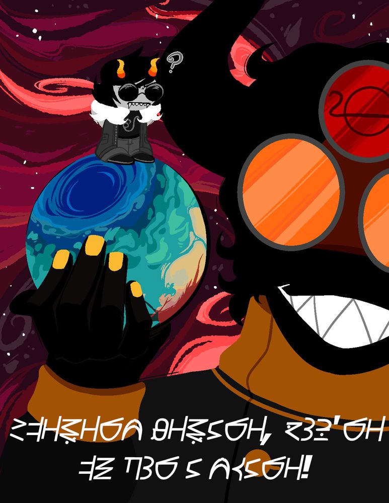 A not-so-young troll, Liaaam stands on the planet Nebros! Looming over the planet, holding it in his hand, is a shadowy figure of his "brother" Febrez. Nebrosian text featured at the bottom reads "Viewers beware, you're in for a scare!"