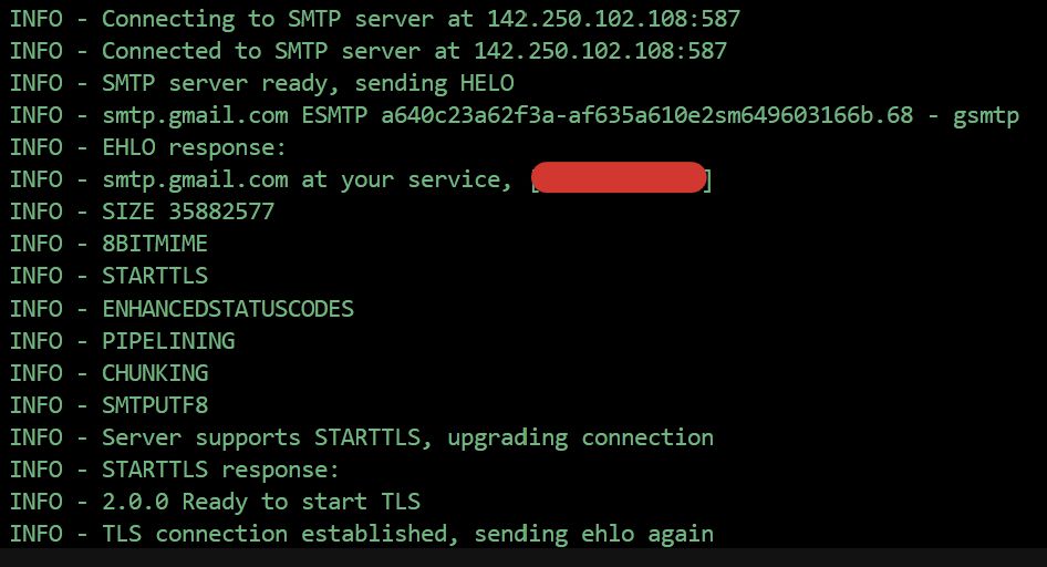 a green on black terminal output, showing a full SMTP + STARTTLS handshake being performed