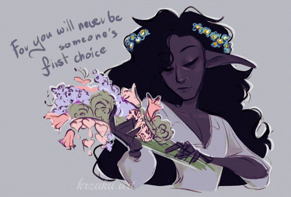 OC Nokto holding flowers in his hands with the caption "For you will never be someone's first choice". The flower crown in his hair is made out of forget-me-nots using the aroace flag's palette, while the flower bouquet is painted with cupioromantic colors.