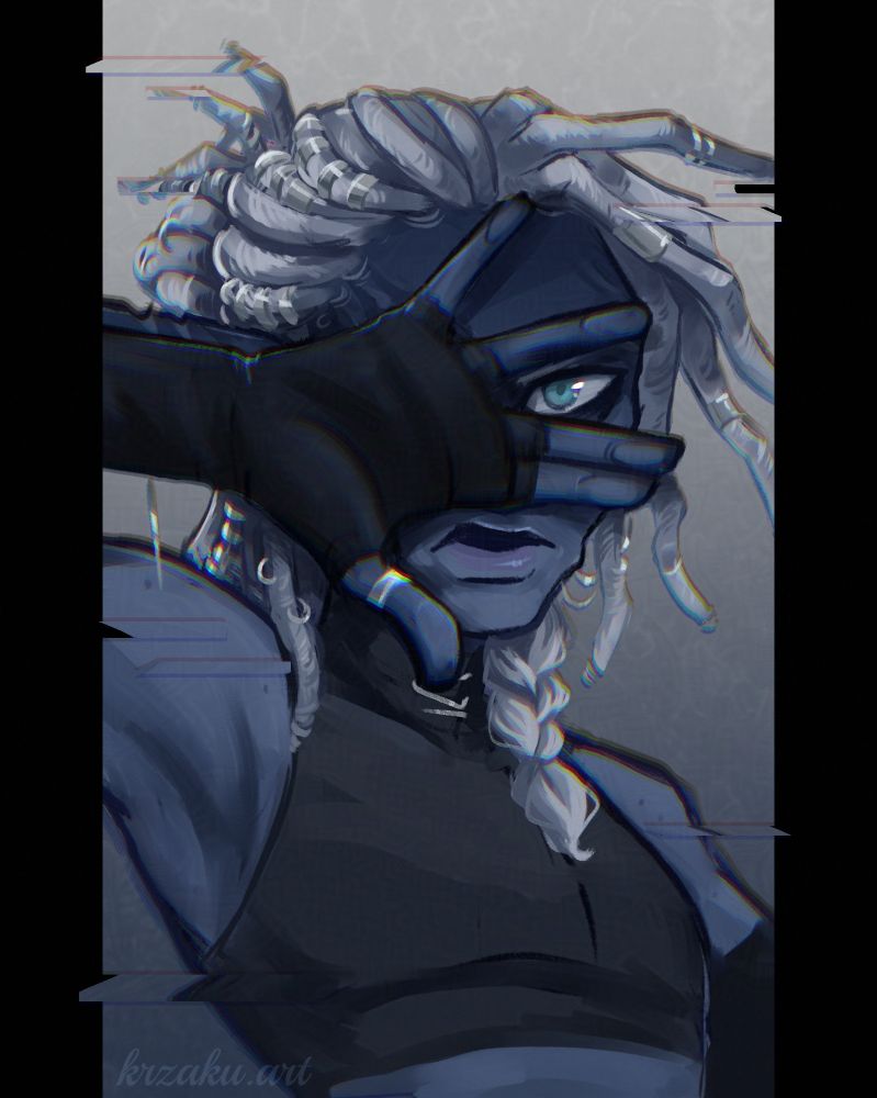 An artwork of my character Rhen Frost covering most of his face with his hand.