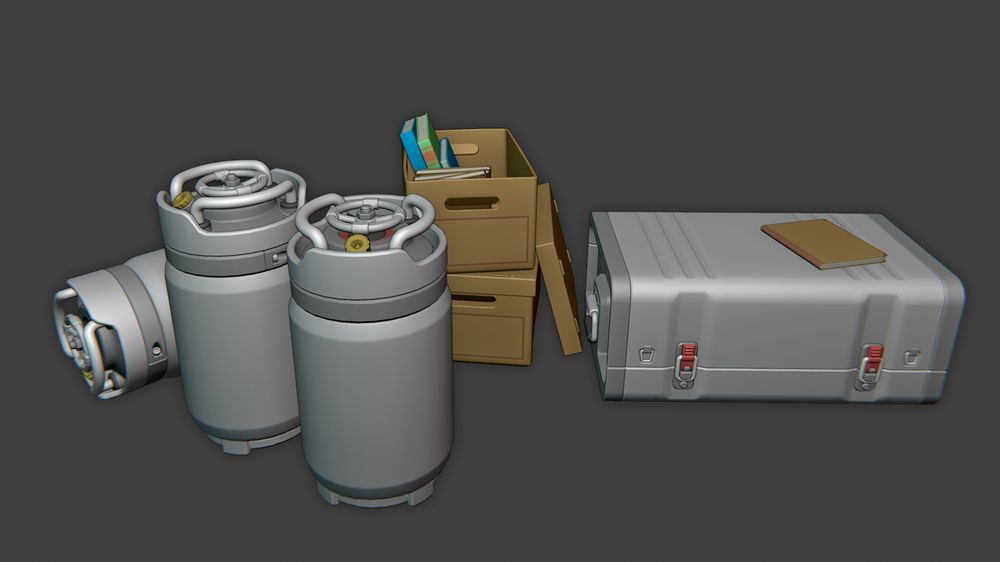 Cluster of props including industrial gas cylinders, cardboard boxes filled with books and notebooks, and a rugged metal case with a notebook on top. The mix of lab-like and office items as part of a nanobot processing workstation environment project in progress. The models have yet to be textured, this is just a viewport screenshot.