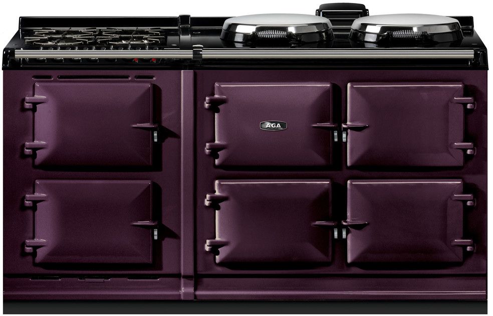 The AGA cooker in Aubergine from the Classic Cast Iron Collection.  The ovens are designed to be left on, so that they are always available for use and provide a gentle warmth to keep your kitchen cozy. This configuration provides provides an additional conventional oven with electric broiler, convection oven with fan, and 4-top gas burners.