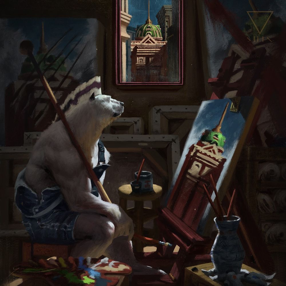 A polar Ursine, surrounded by paintings and art supplies, wistfully stares through the window to the city outside, trying to capture a green-capped building on their canvas.