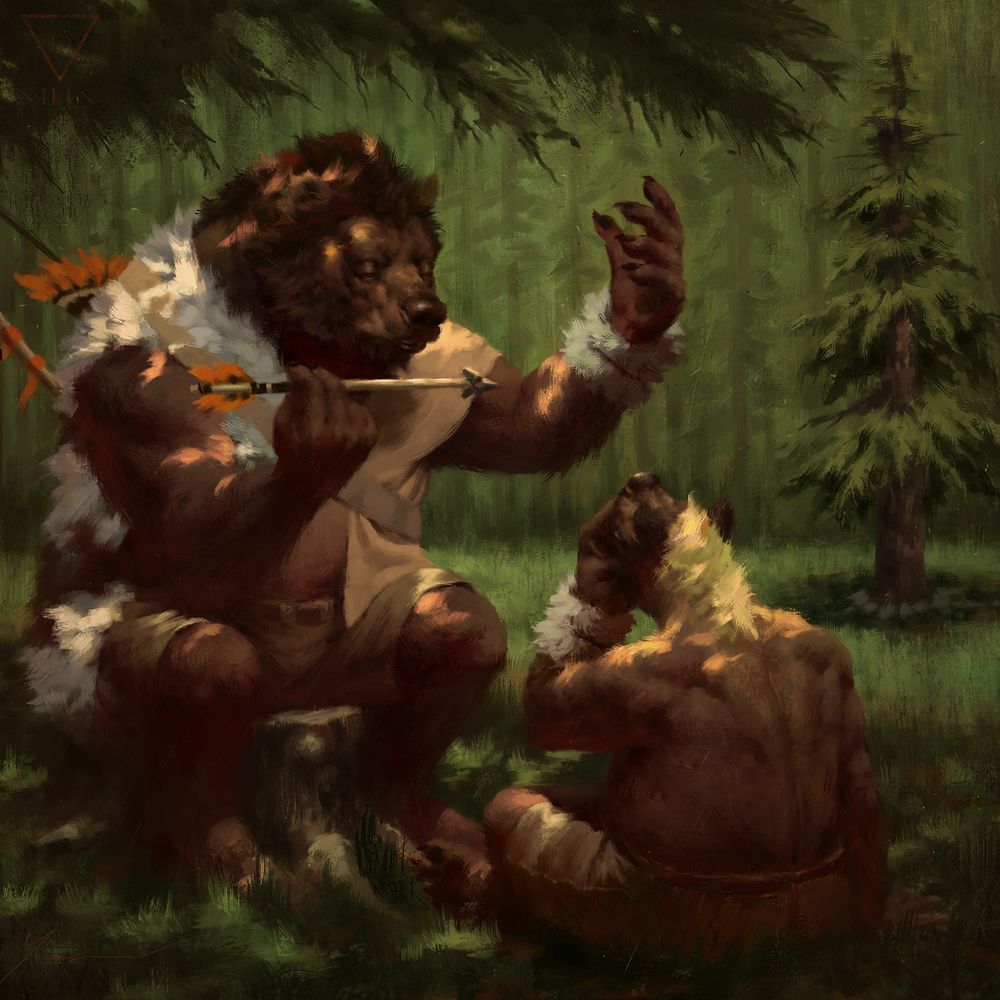 A large Ursine hunter sits upon a tree stump with an arrow in one hand pointed toward his other, lecturing his young protégé on the circle of life and their place within it.